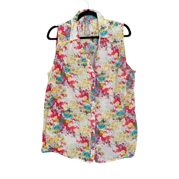 PENNINGTONS Cotton Watercolor Print Sleeveless Button Front Blouse White 1X - Picture 1 of 8